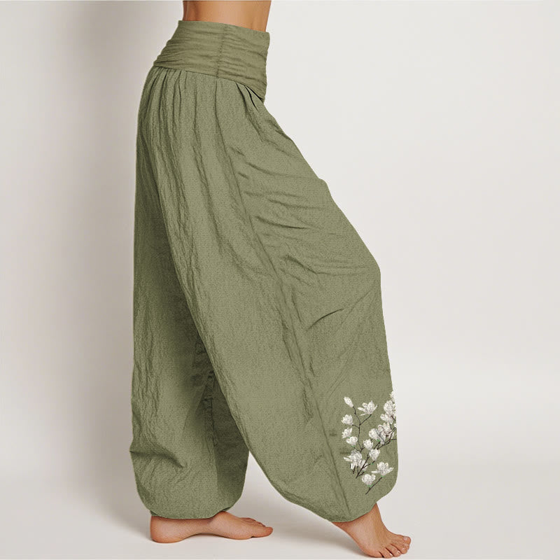 Pantalon harem pour femme en pur coton à motif floral magnolia simple et Buddha Stones, taille élastique - image 16