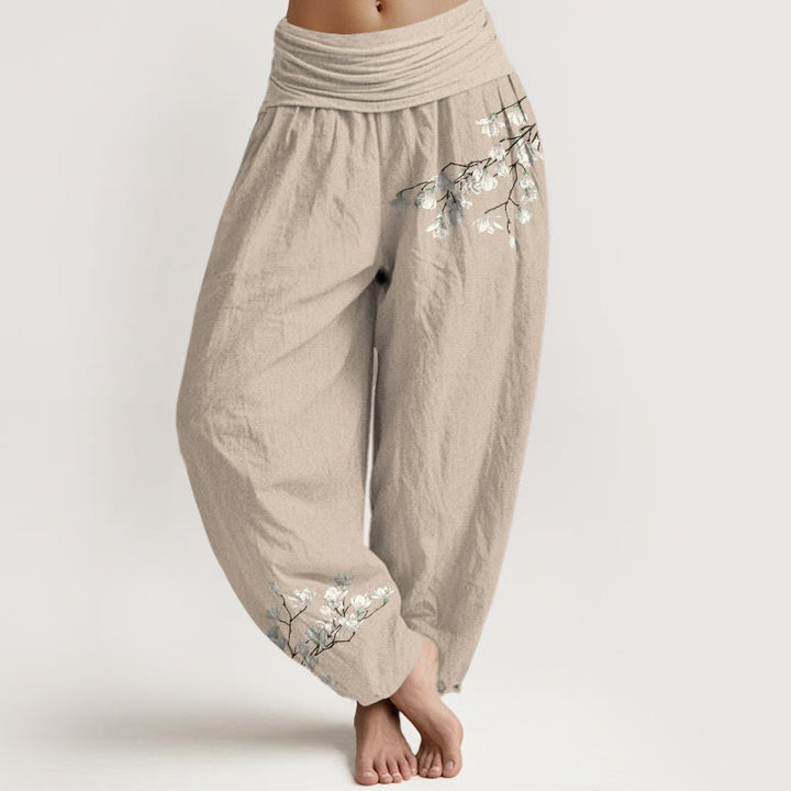 Pantalon harem pour femme en pur coton à motif floral magnolia simple et Buddha Stones, taille élastique - Tanné - US16，UK/AU20，EU48 (3XL) - image 11