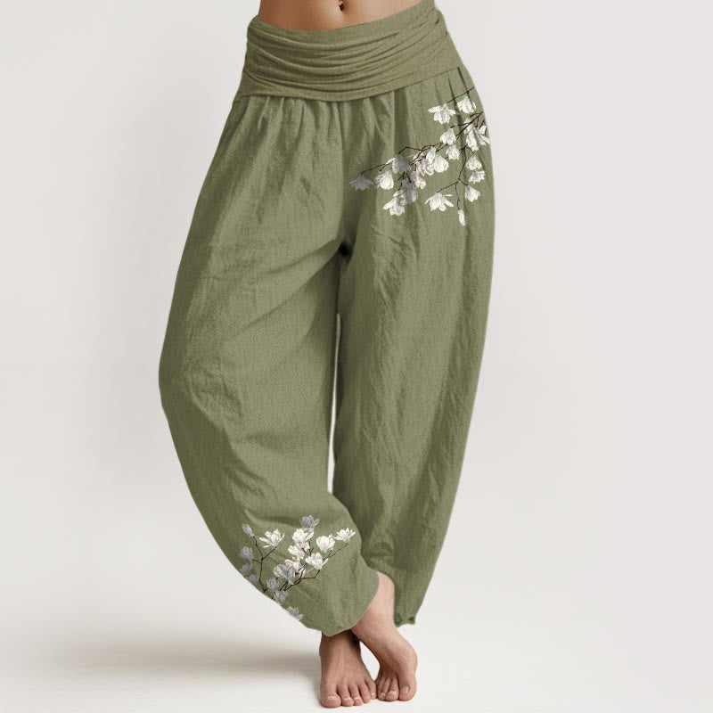 Pantalon harem pour femme en pur coton à motif floral magnolia simple et Buddha Stones, taille élastique - Vert olive - US16，UK/AU20，EU48 (3XL) - image 14