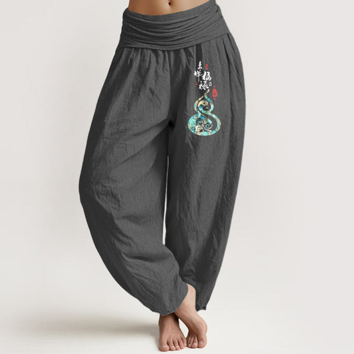 Pantalon harem pour femme en pur coton à motif de gourde et de caractères chinois , Buddha Stones - Gris sombre - US16，UK/AU20，EU48 (3XL) - image 8