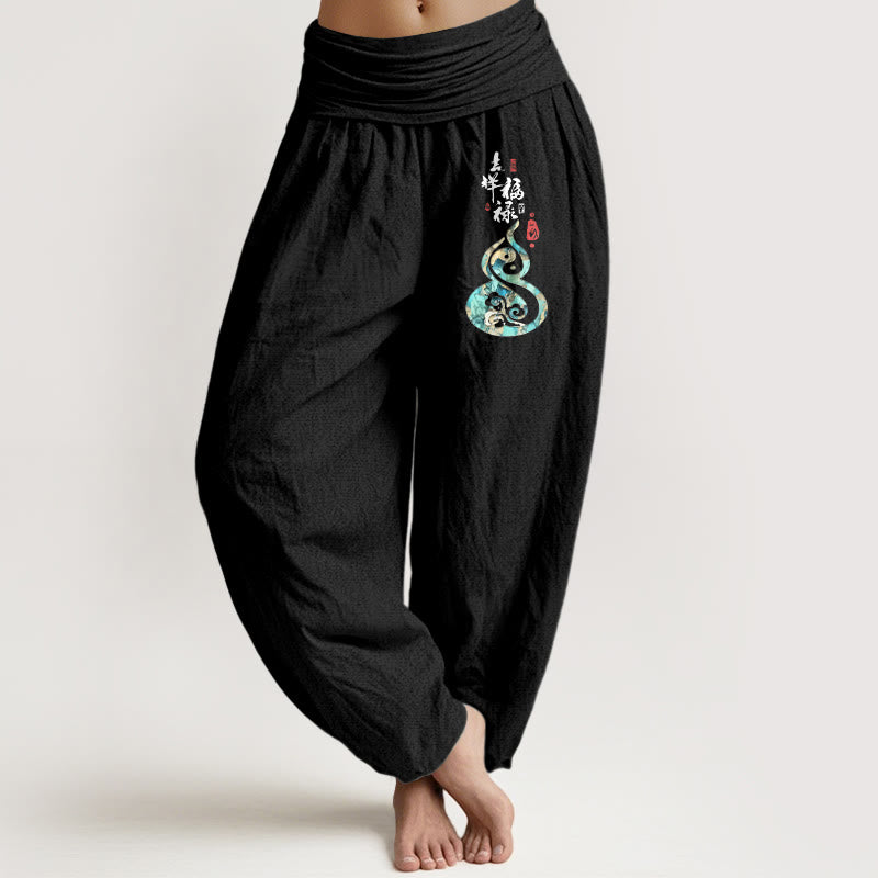 Pantalon harem pour femme en pur coton à motif de gourde et de caractères chinois , Buddha Stones - Noir - US16，UK/AU20，EU48 (3XL) - image 0