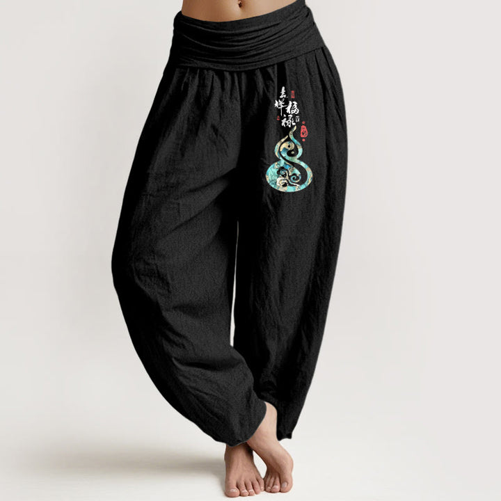 Pantalon harem pour femme en pur coton à motif de gourde et de caractères chinois , Buddha Stones - Noir - US16，UK/AU20，EU48 (3XL) - image 0