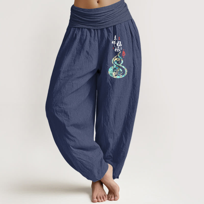 Pantalon harem pour femme en pur coton à motif de gourde et de caractères chinois , Buddha Stones - Bleu ardoise foncé - US16，UK/AU20，EU48 (3XL) - image 5