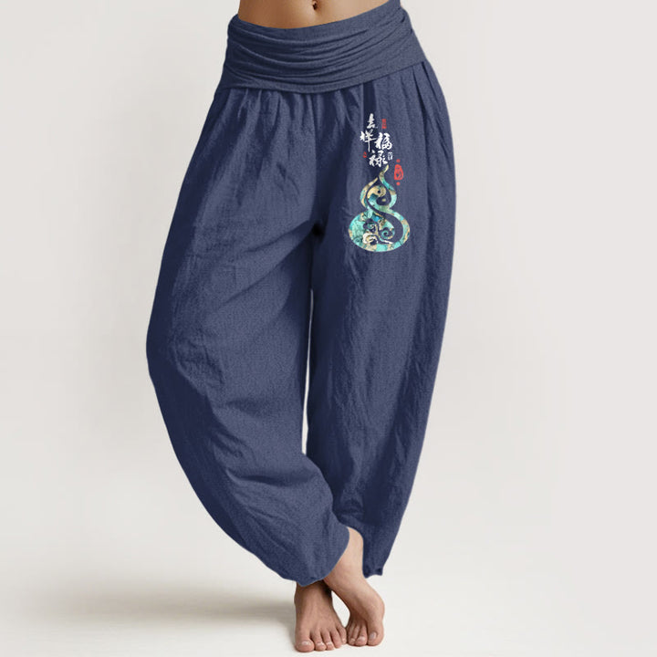 Pantalon harem pour femme en pur coton à motif de gourde et de caractères chinois , Buddha Stones - Bleu ardoise foncé - US16，UK/AU20，EU48 (3XL) - image 5