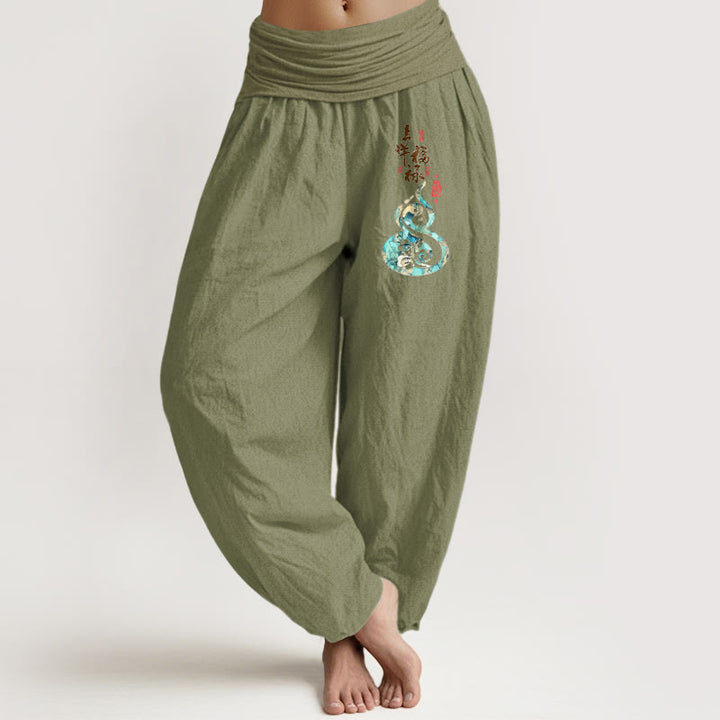 Pantalon harem pour femme en pur coton à motif de gourde et de caractères chinois , Buddha Stones - Vert olive - US16，UK/AU20，EU48 (3XL) - image 14