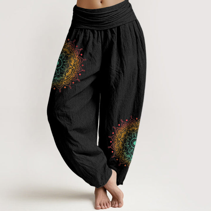 Pantalon harem femme en pur coton, style simple, motif mandala, Buddha Stones - Noir - US16，UK/AU20，EU48 (3XL) - image 0