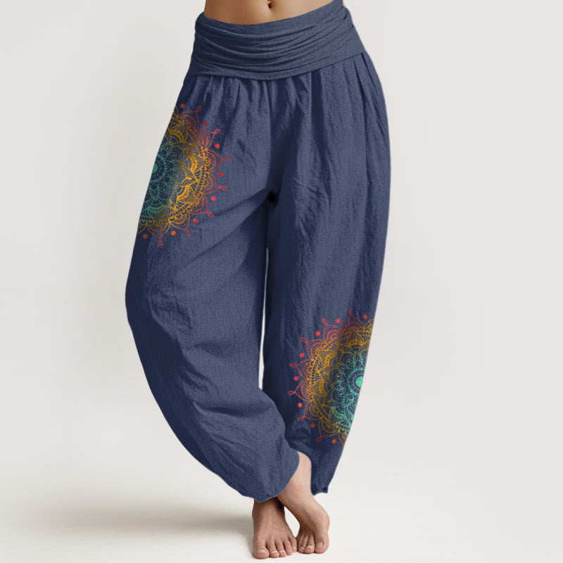 Pantalon harem femme en pur coton, style simple, motif mandala, Buddha Stones - Bleu ardoise foncé - US16，UK/AU20，EU48 (3XL) - image 5