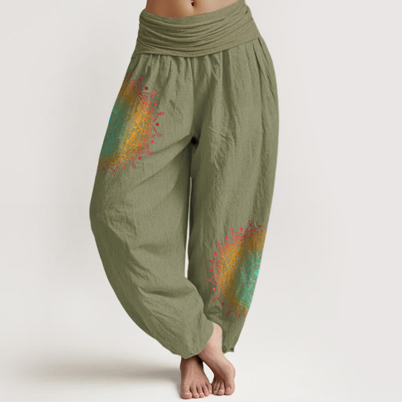 Pantalon harem femme en pur coton, style simple, motif mandala, Buddha Stones - Vert olive - US16，UK/AU20，EU48 (3XL) - image 14