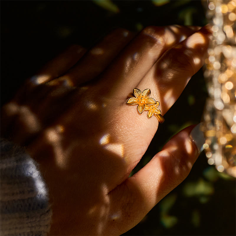 Bague ajustable en cuivre et laiton plaqué or 24 carats, motif fleur de lilas et Buddha Stones - image 11