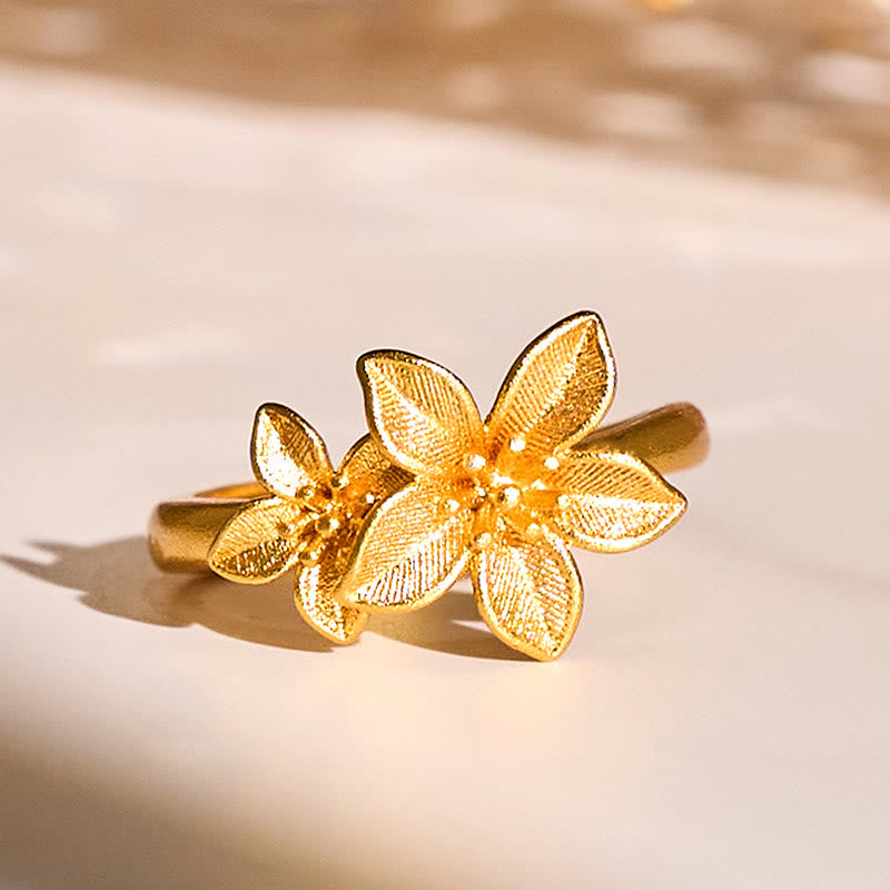 Bague ajustable en cuivre et laiton plaqué or 24 carats, motif fleur de lilas et Buddha Stones - Réglable - image 0