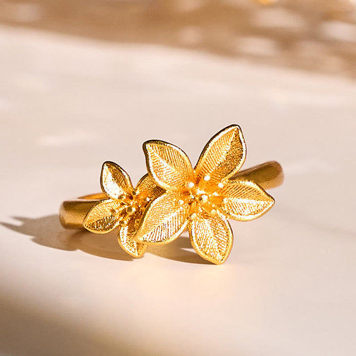 Bague ajustable en cuivre et laiton plaqué or 24 carats, motif fleur de lilas et Buddha Stones - Réglable - image 0