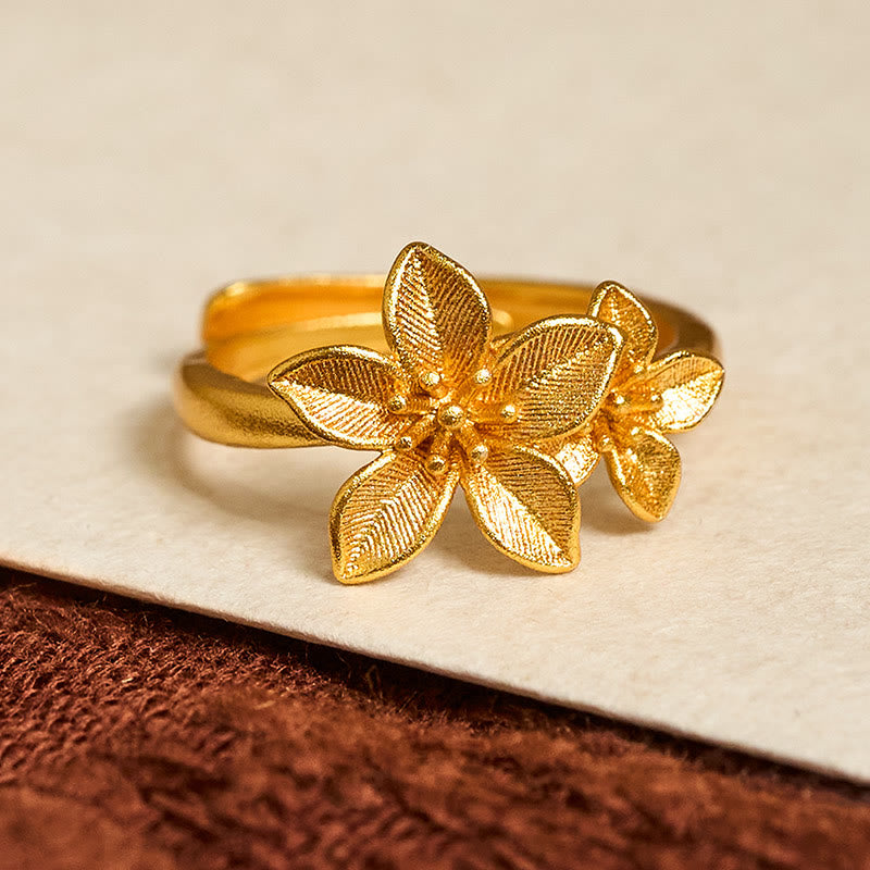 Bague ajustable en cuivre et laiton plaqué or 24 carats, motif fleur de lilas et Buddha Stones - image 1