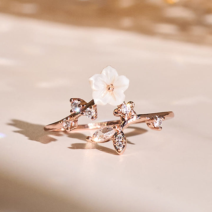 Bague de guérison ajustable en cuivre avec motif de fleur blanche et Buddha Stones - Or rose - image 0