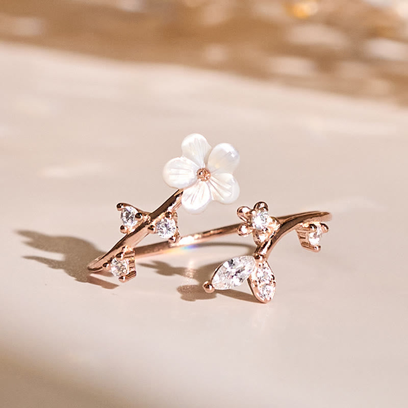 Bague de bénédiction ajustable en argent sterling 925 avec motif floral blanc et Buddha Stones - Or rose - image 0