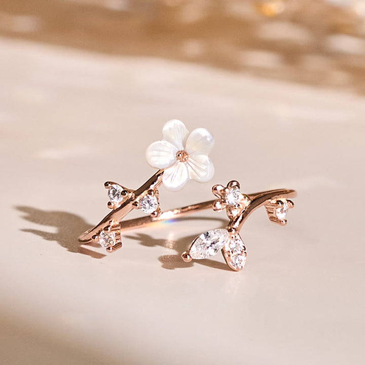 Bague de bénédiction ajustable en argent sterling 925 avec motif floral blanc et Buddha Stones - Or rose - image 0