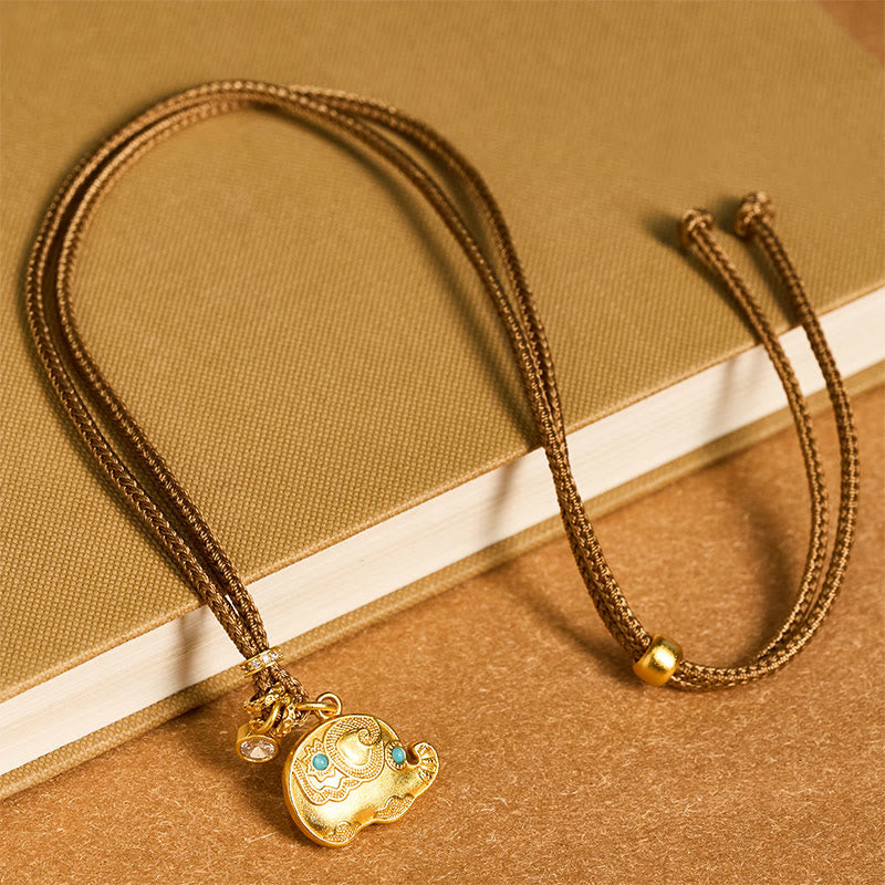 Collier pendentif en laiton plaqué or 24 carats avec symbole d'éléphant et cordon tressé, orné de Buddha Stones. - image 3