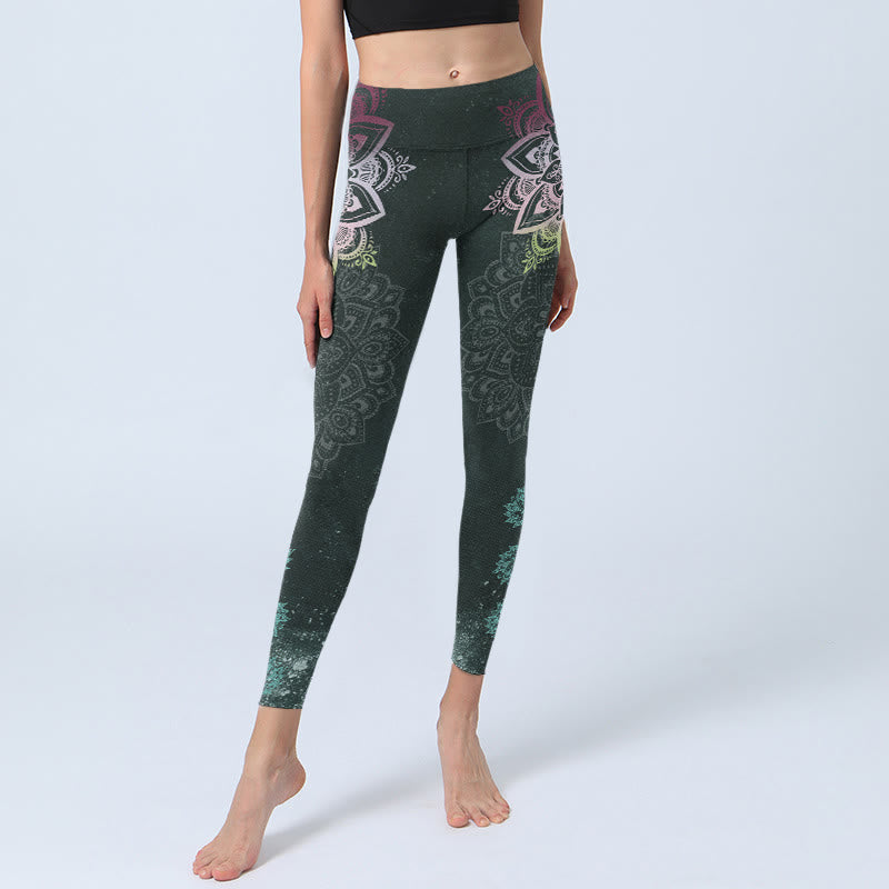 Leggings de sport pour femmes avec imprimé de Buddha Stones symétriques et fleurs de lotus, pantalon de yoga - image 5