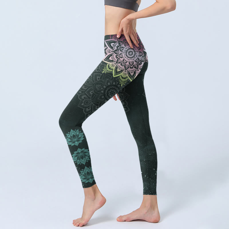 Leggings de sport pour femmes avec imprimé de Buddha Stones symétriques et fleurs de lotus, pantalon de yoga - image 2