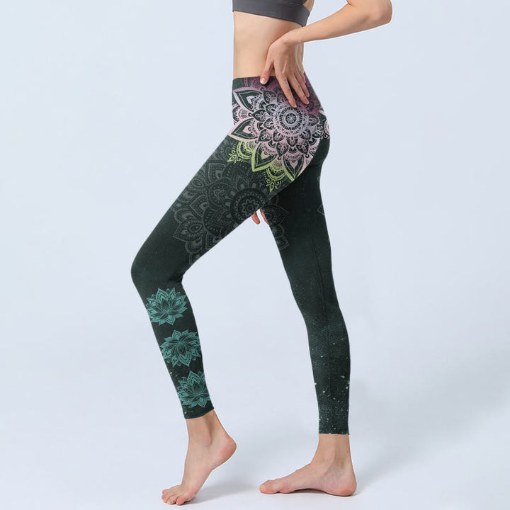 Leggings de sport pour femmes avec imprimé de Buddha Stones symétriques et fleurs de lotus, pantalon de yoga - image 2