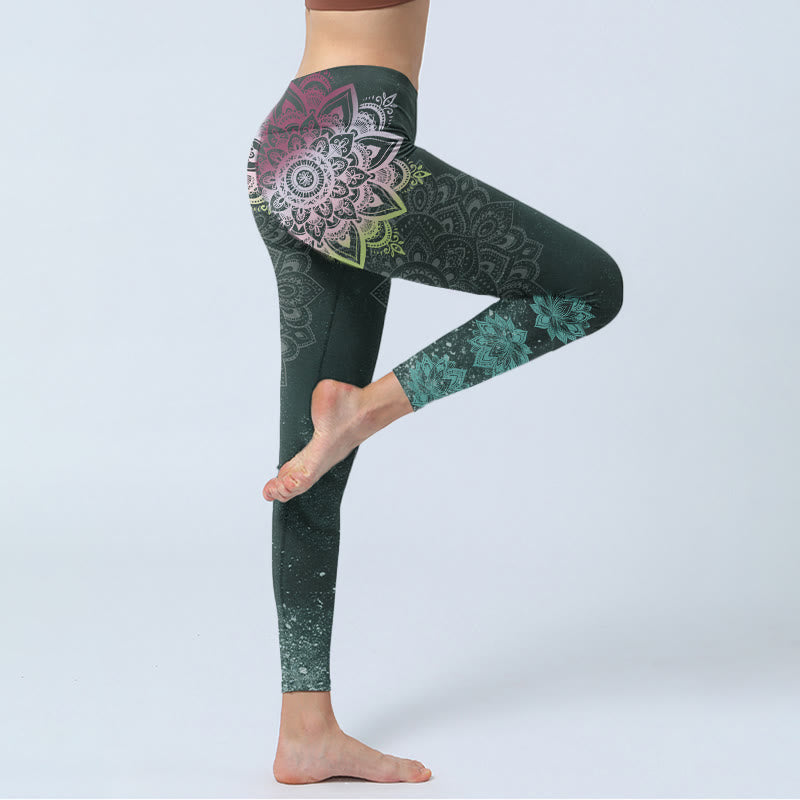Leggings de sport pour femmes avec imprimé de Buddha Stones symétriques et fleurs de lotus, pantalon de yoga - image 3