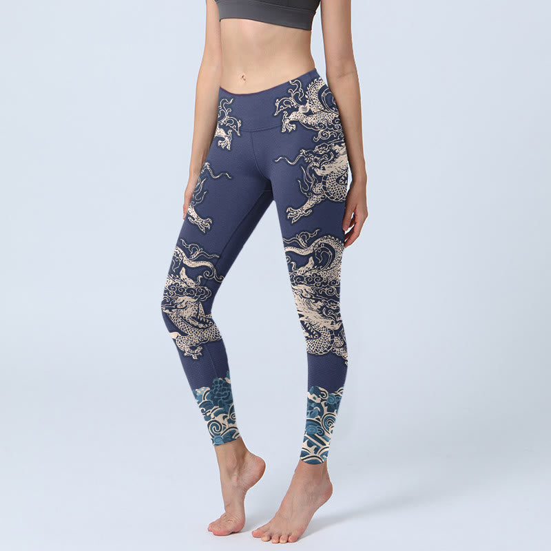 Leggings de sport pour femmes avec imprimé motif vague et dragon en Buddha Stones - Bleu nuit - US18，UK/AU22，EU50 (4XL) - image 0