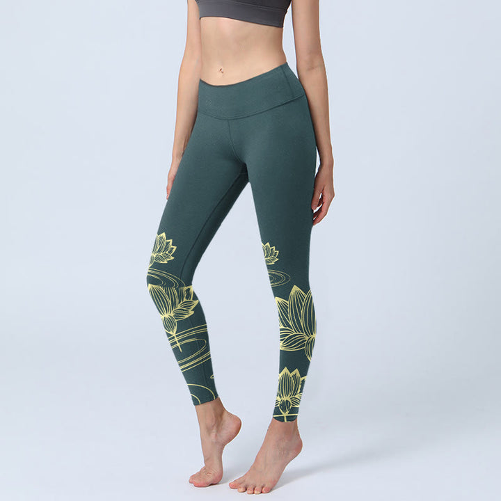 Leggings de sport pour femmes avec imprimé de Buddha Stones, de fleurs de lotus et de vagues. Pantalon de yoga. - Vert d'eau - US18，UK/AU22，EU50 (4XL) - image 0