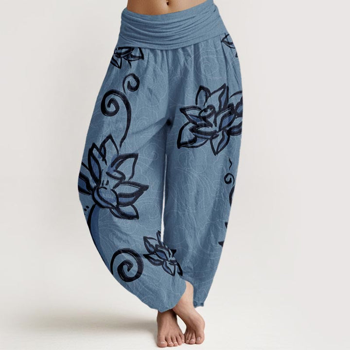 Pantalon harem à taille élastique pour femme, en coton décontracté, orné de lotus et de nuages ​​porte-bonheur, avec motif de Buddha Stones - Turquoise moyen - US22，UK/AU26，EU54 (6XL) - image 4