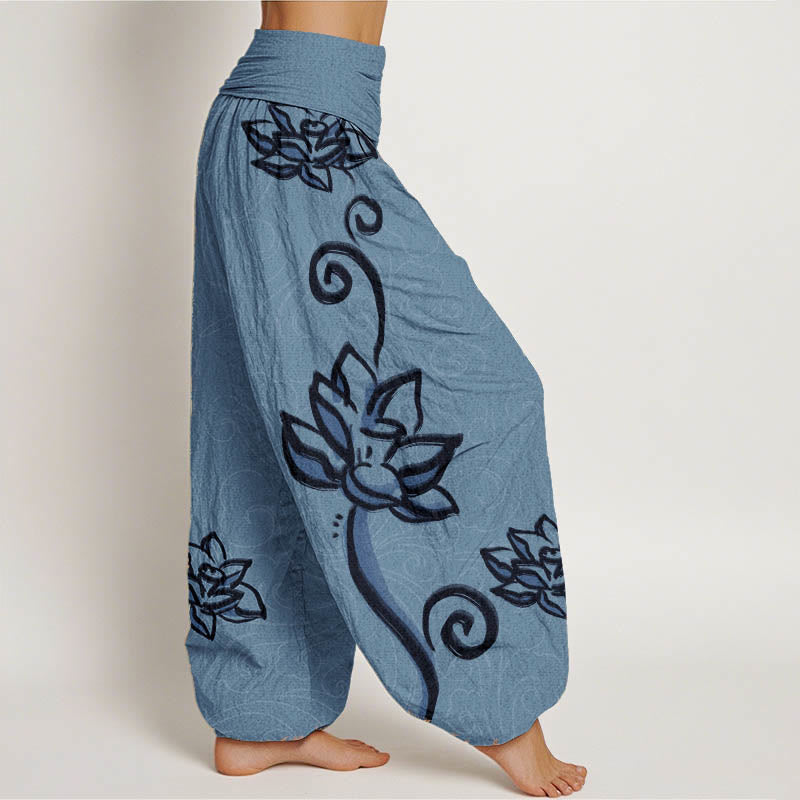 Pantalon harem à taille élastique pour femme, en coton décontracté, orné de lotus et de nuages ​​porte-bonheur, avec motif de Buddha Stones - image 6