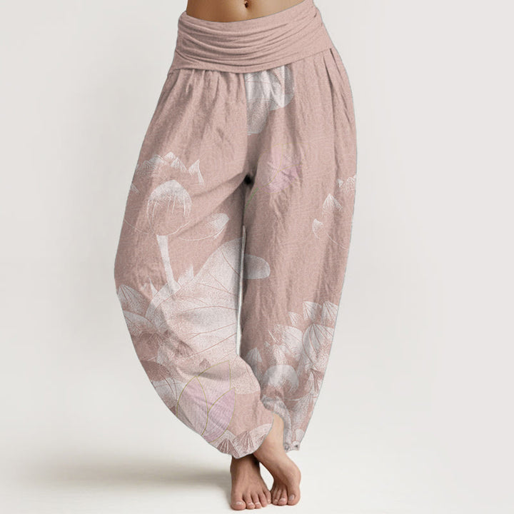 Pantalon harem taille élastique en coton rose et blanc à motif lotus et Buddha Stones - Saumon foncé - US22，UK/AU26，EU54 (6XL) - image 0