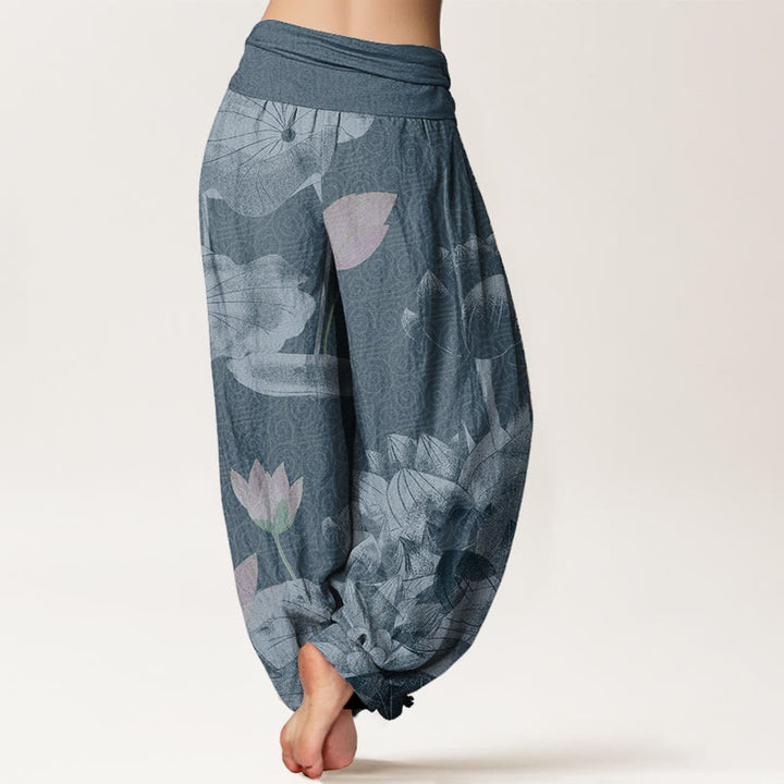 Pantalon harem taille élastique en coton rose et blanc à motif lotus et Buddha Stones - image 5
