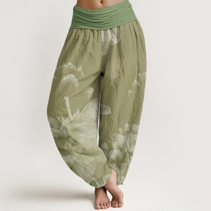 Pantalon harem taille élastique en coton rose et blanc à motif lotus et Buddha Stones - Kaki foncé - US22，UK/AU26，EU54 (6XL) - image 7