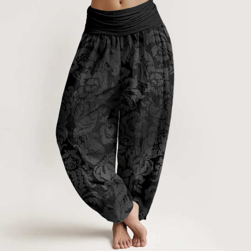 Pantalon harem à taille élastique pour femme, en coton décontracté avec motif de fleurs et de feuilles et Buddha Stones - Noir - US22，UK/AU26，EU54 (6XL) - image 4