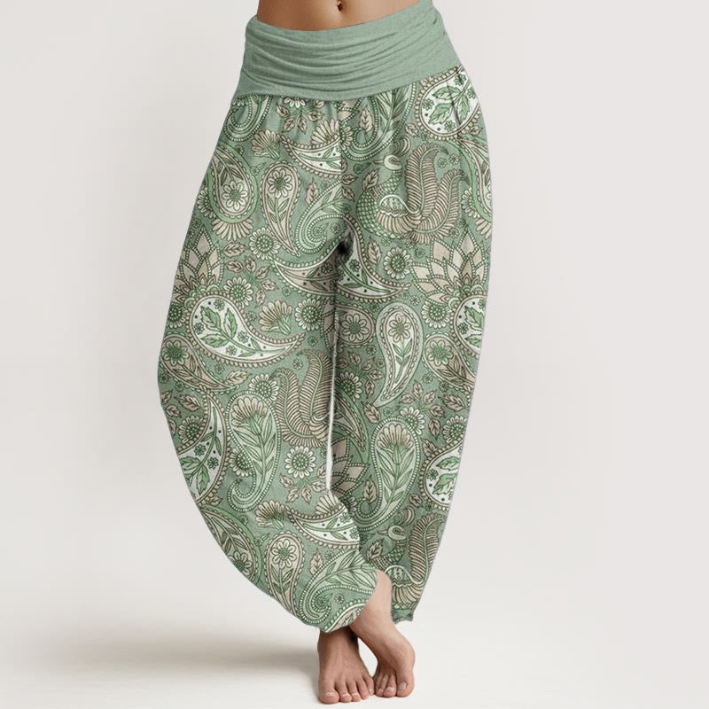 Pantalon harem à taille élastique pour femme, en coton, avec motif de fleurs de cajou, paon et tournesol et Buddha Stones - Aigue-marine moyenne - US22，UK/AU26，EU54 (6XL) - image 4