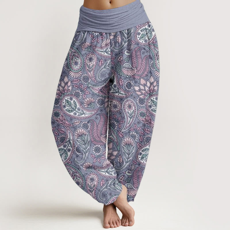 Pantalon harem à taille élastique pour femme, en coton, avec motif de fleurs de cajou, paon et tournesol et Buddha Stones - Bleuet - US22，UK/AU26，EU54 (6XL) - image 7