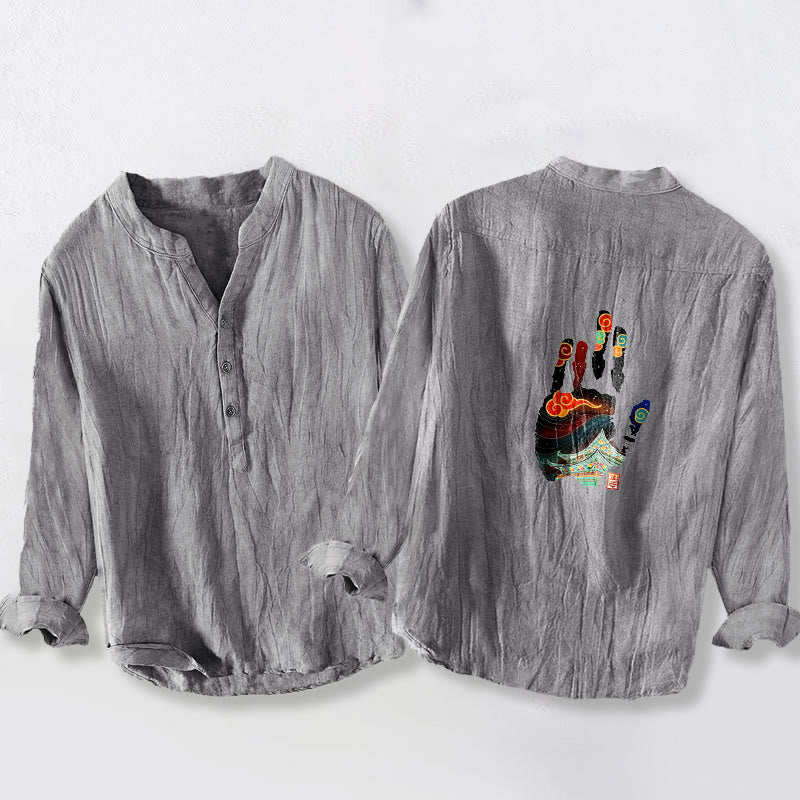 Chemise à manches longues pour homme en coton et lin, motif d'empreintes de mains et de Buddha Stones - image 5