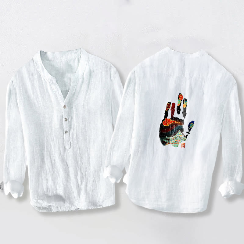 Chemise à manches longues pour homme en coton et lin, motif d'empreintes de mains et de Buddha Stones - image 8