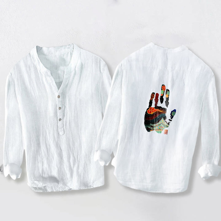 Chemise à manches longues pour homme en coton et lin, motif d'empreintes de mains et de Buddha Stones - image 8