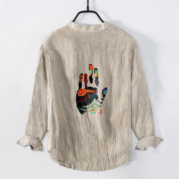 Chemise à manches longues pour homme en coton et lin, motif d'empreintes de mains et de Buddha Stones - Lin - US/UK/AU50，EU60 (5XL) - image 0