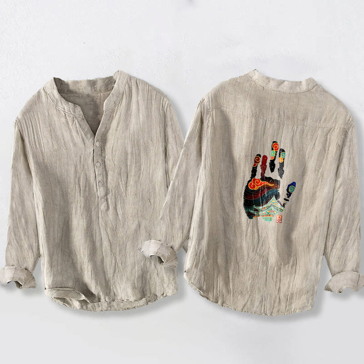 Chemise à manches longues pour homme en coton et lin, motif d'empreintes de mains et de Buddha Stones - image 2