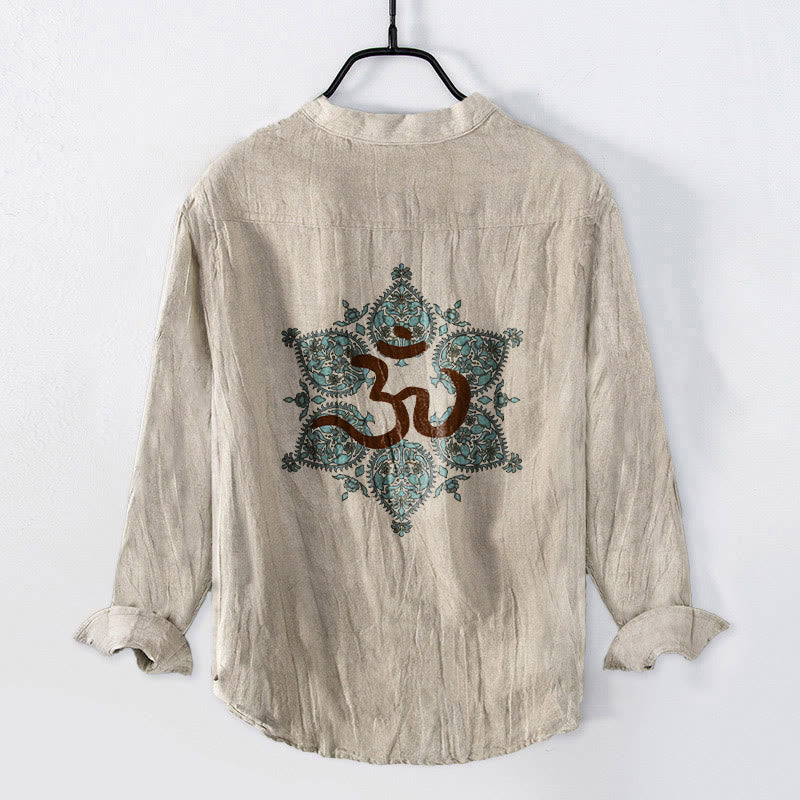 Chemise à manches longues pour homme en coton et lin, ornée d'un motif mandala symétrique et de Buddha Stones (symbole Om). - image 2