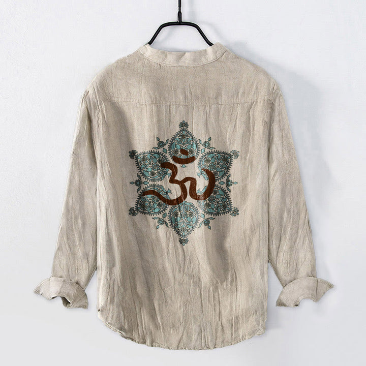 Chemise à manches longues pour homme en coton et lin, ornée d'un motif mandala symétrique et de Buddha Stones (symbole Om). - image 2