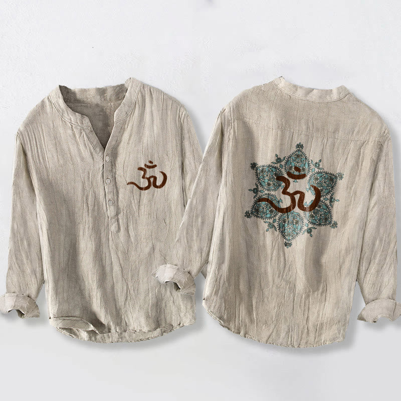 Chemise à manches longues pour homme en coton et lin, ornée d'un motif mandala symétrique et de Buddha Stones (symbole Om). - Lin - US/UK/AU50，EU60 (5XL) - image 0