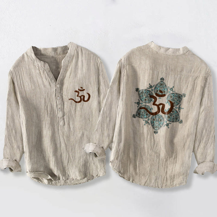 Chemise à manches longues pour homme en coton et lin, ornée d'un motif mandala symétrique et de Buddha Stones (symbole Om). - Lin - US/UK/AU50，EU60 (5XL) - image 0