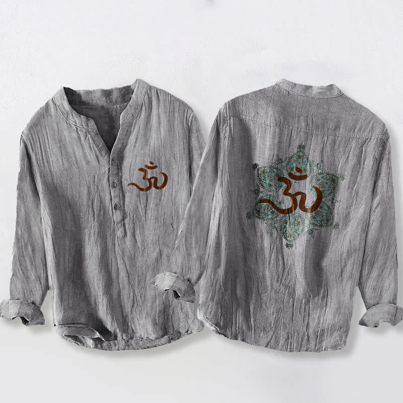 Chemise à manches longues pour homme en coton et lin, ornée d'un motif mandala symétrique et de Buddha Stones (symbole Om). - Gris - US/UK/AU50，EU60 (5XL) - image 3