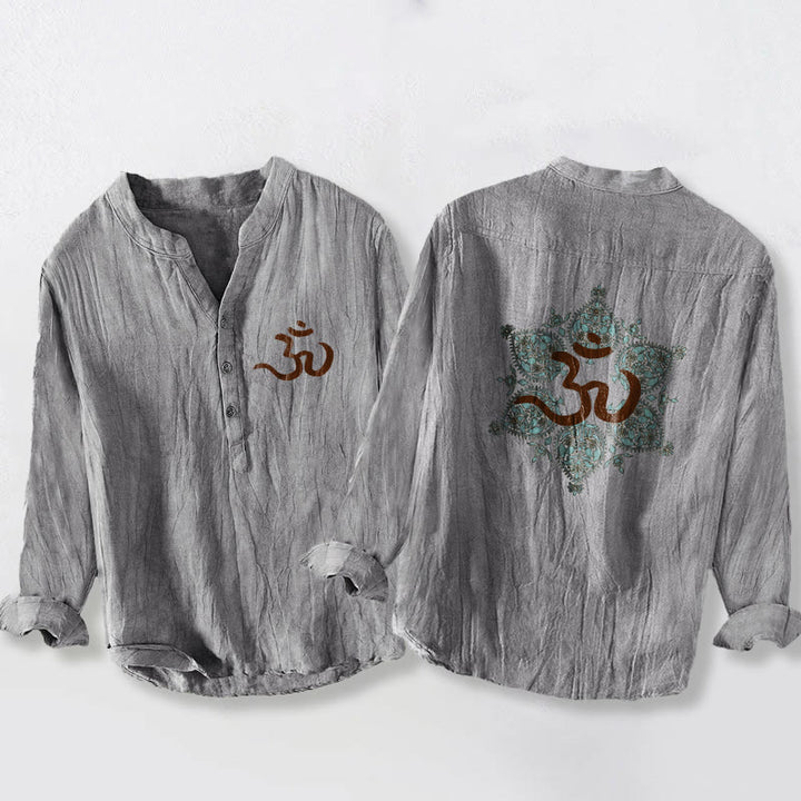 Chemise à manches longues pour homme en coton et lin, ornée d'un motif mandala symétrique et de Buddha Stones (symbole Om). - Gris - US/UK/AU50，EU60 (5XL) - image 3