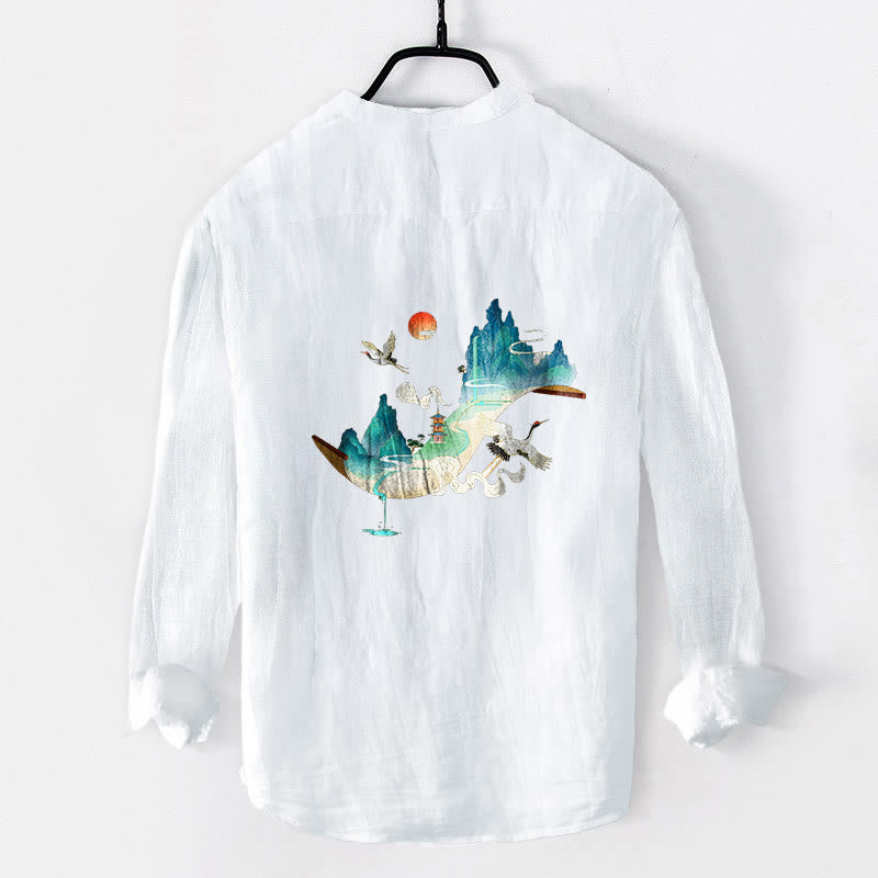 Chemise à manches longues pour homme en coton et lin, motif Buddha Stones , montagnes, grues et nuages, demi-boutons - image 8