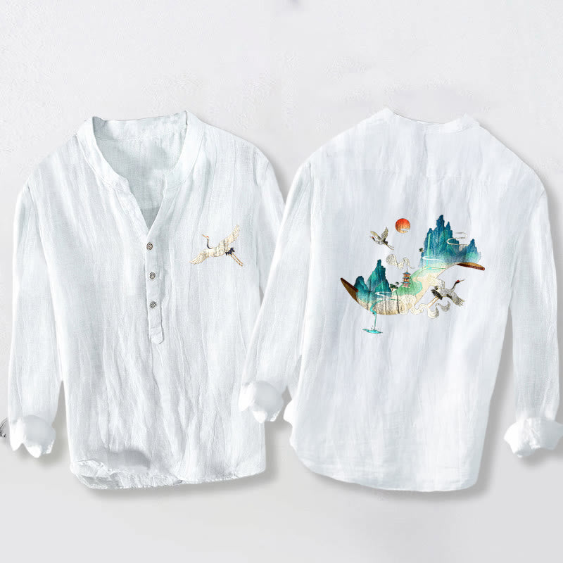 Chemise à manches longues pour homme en coton et lin, motif Buddha Stones , montagnes, grues et nuages, demi-boutons - Blanc - US/UK/AU50，EU60 (5XL) - image 6