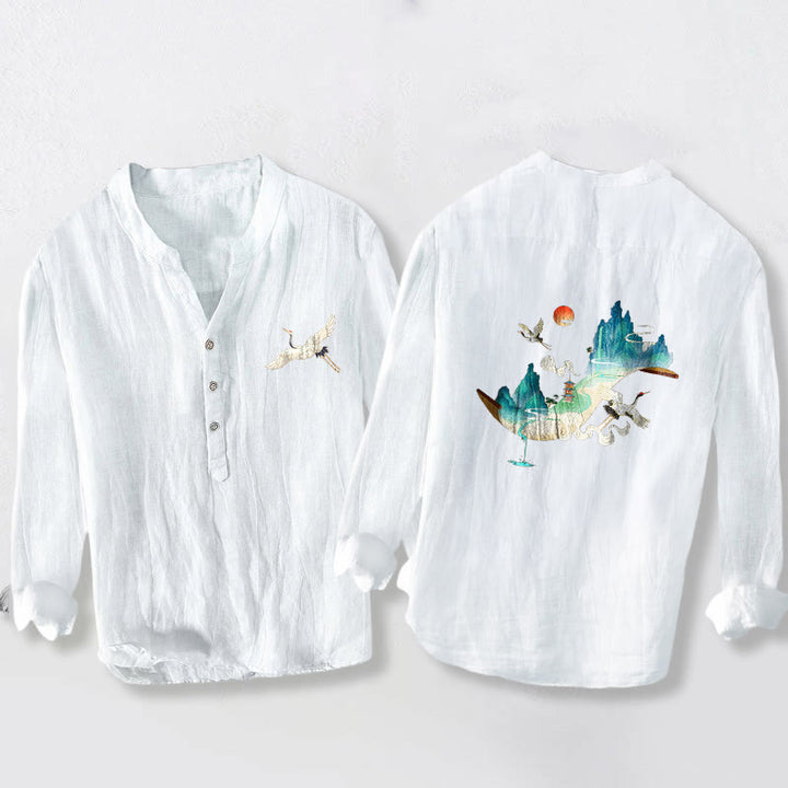 Chemise à manches longues pour homme en coton et lin, motif Buddha Stones , montagnes, grues et nuages, demi-boutons - Blanc - US/UK/AU50，EU60 (5XL) - image 6