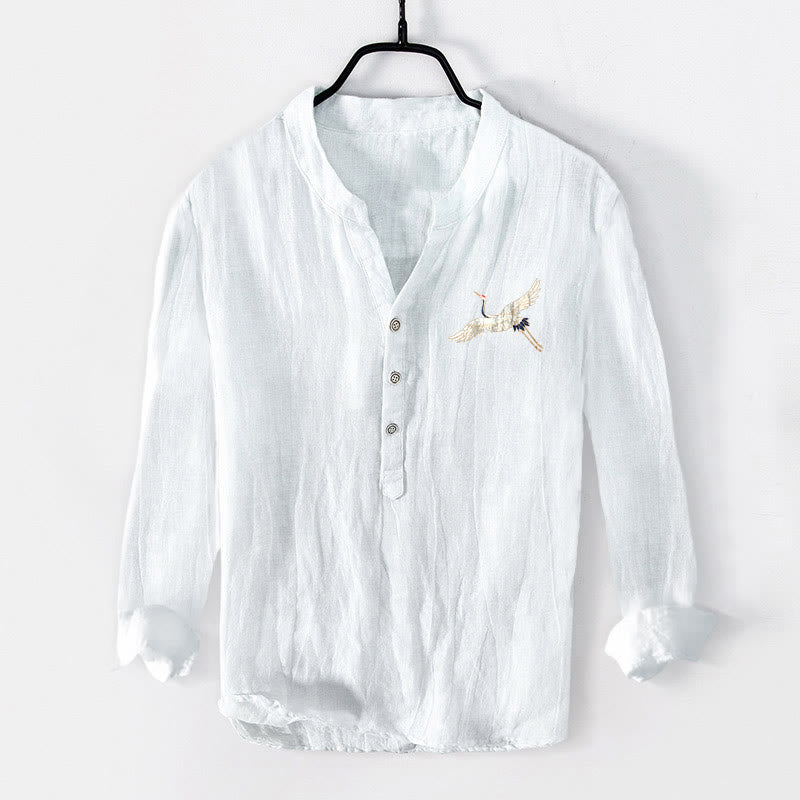 Chemise à manches longues pour homme en coton et lin, motif Buddha Stones , montagnes, grues et nuages, demi-boutons - image 7