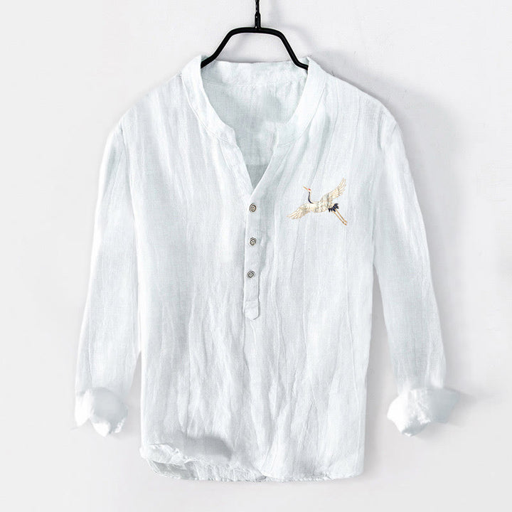 Chemise à manches longues pour homme en coton et lin, motif Buddha Stones , montagnes, grues et nuages, demi-boutons - image 7